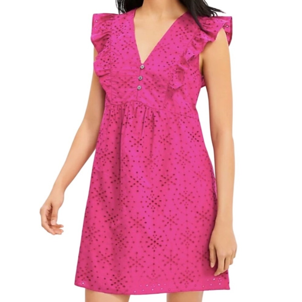 NWT LOFT Pink Eyelet Ruffle Sleeve V-Neck Cotton Mini Dress Size XL Feminine